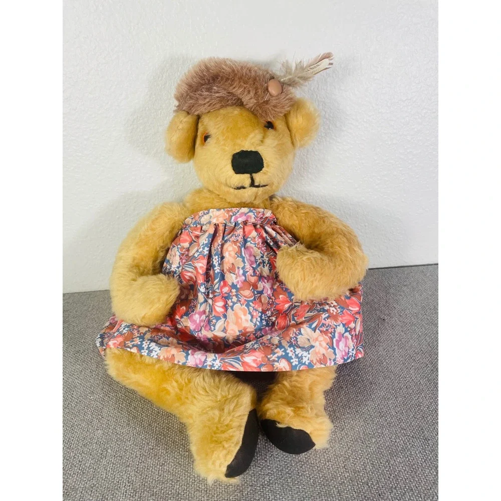 Vintage Teddy Bear Plush Floral Dress Bonnet Tan Cottagecore Stuffed Animal Doll